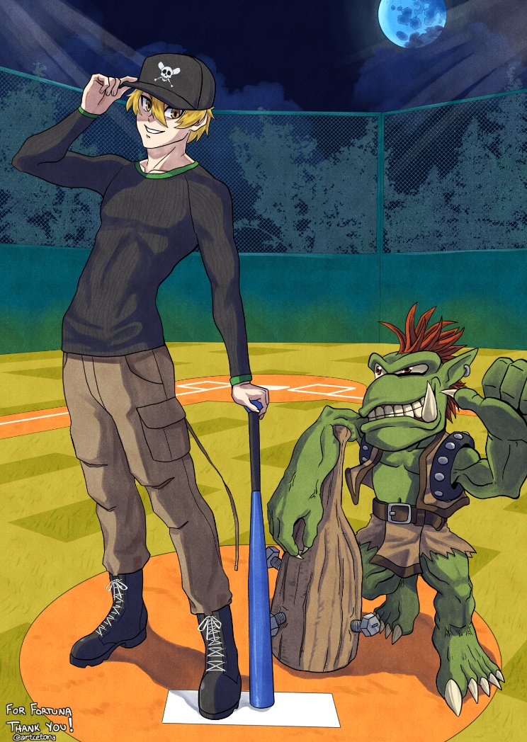 2boys, artcetona, baseball_bat, baseball_cap, black_shirt, blonde_hair, brown_pants, brown_vest
