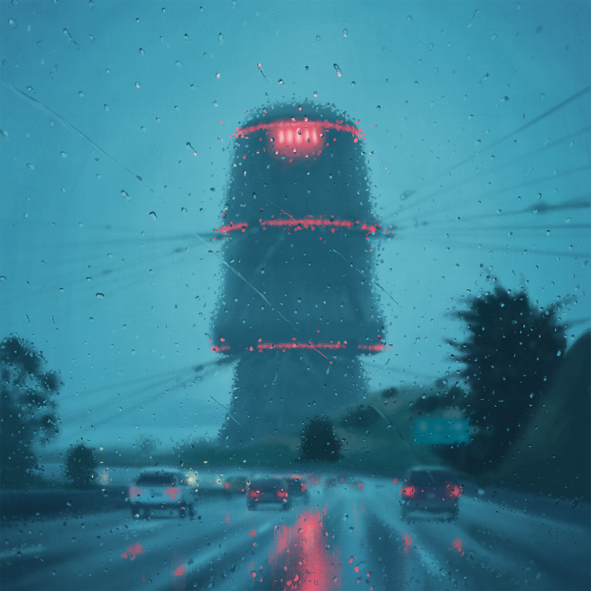 architecture, blurry, car, highres, motor_vehicle, no_humans, official_art, power_lines, rain, road, science_fiction, simon_stalenhag, the_electric_state, tree, water_drop, wet_lens