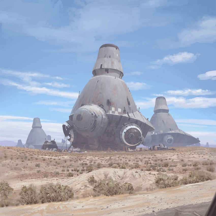 abandoned, cable, clouds, desert, dilapidated, highres, military_vehicle, no_humans
