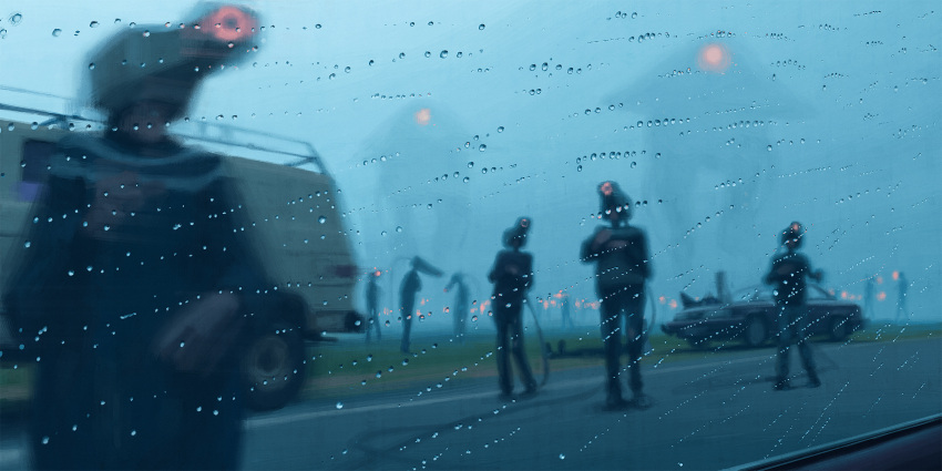 blurry, cable, car, clouds, cloudy_sky, crowd, head-mounted_display, highres