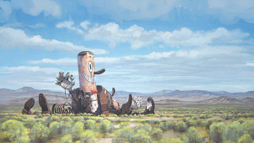 abandoned, bow, bowtie, dilapidated, highres, long_nose, mascot, mountainous_horizon