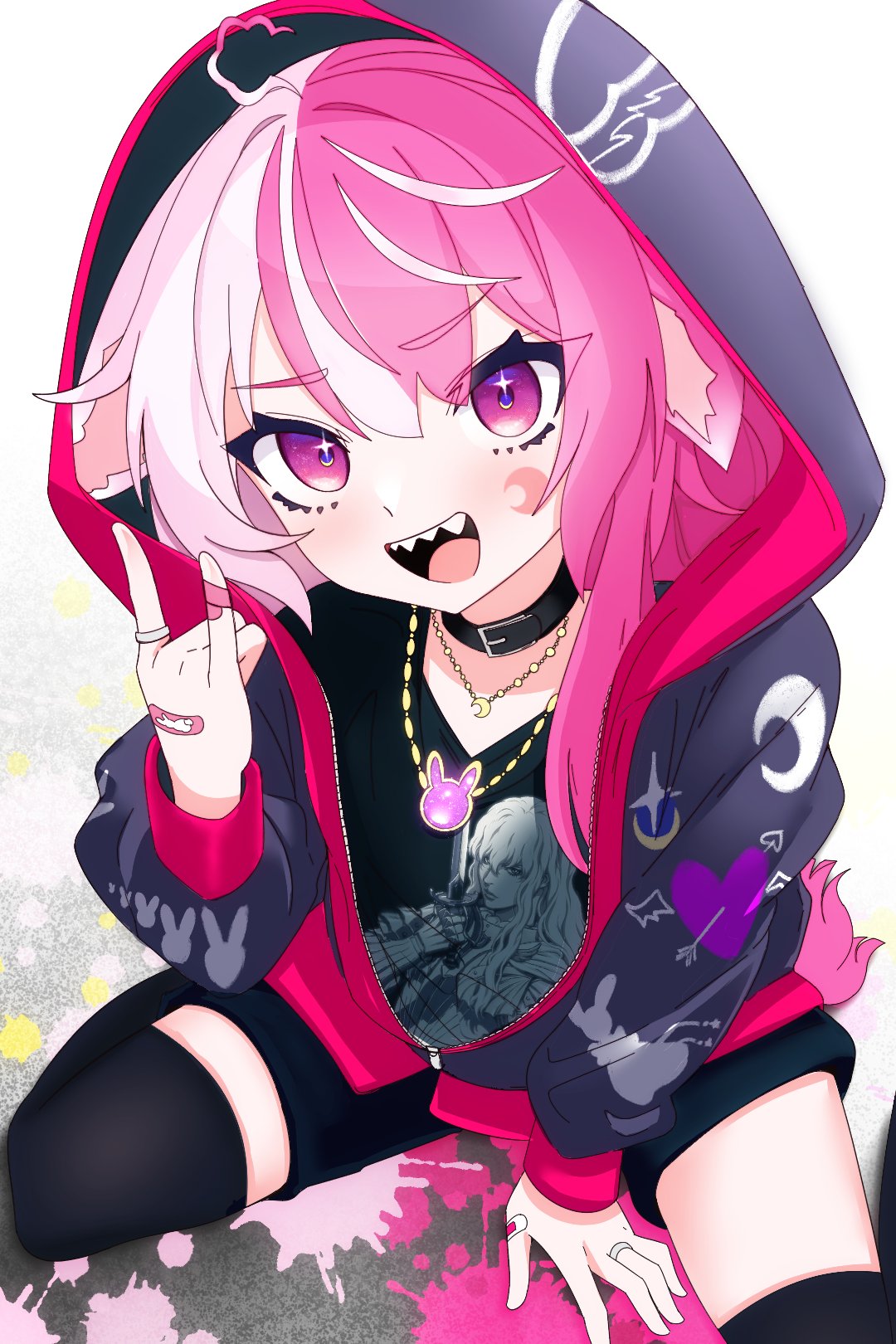1girl, :d, \n/, alternate_costume, animal_ears, animal_print, arrow_through_heart, bandaid