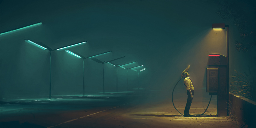 1boy, cable, head-mounted_display, highres, lamppost, night, official_art, outdoors