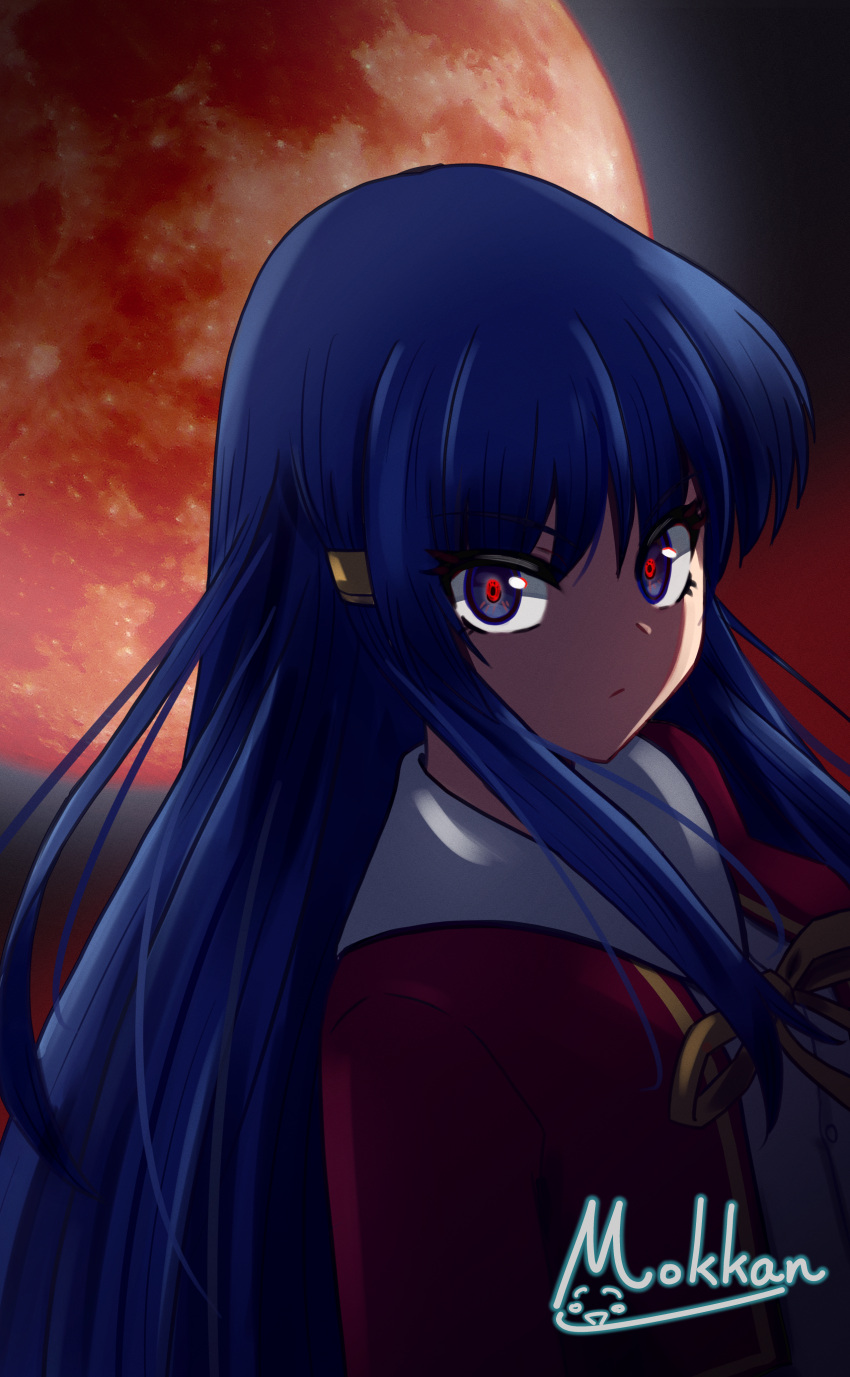 1girl, absurdres, amasawa_ikumi, blue_eyes, blue_hair, glowing, glowing_eyes, hair_ornament