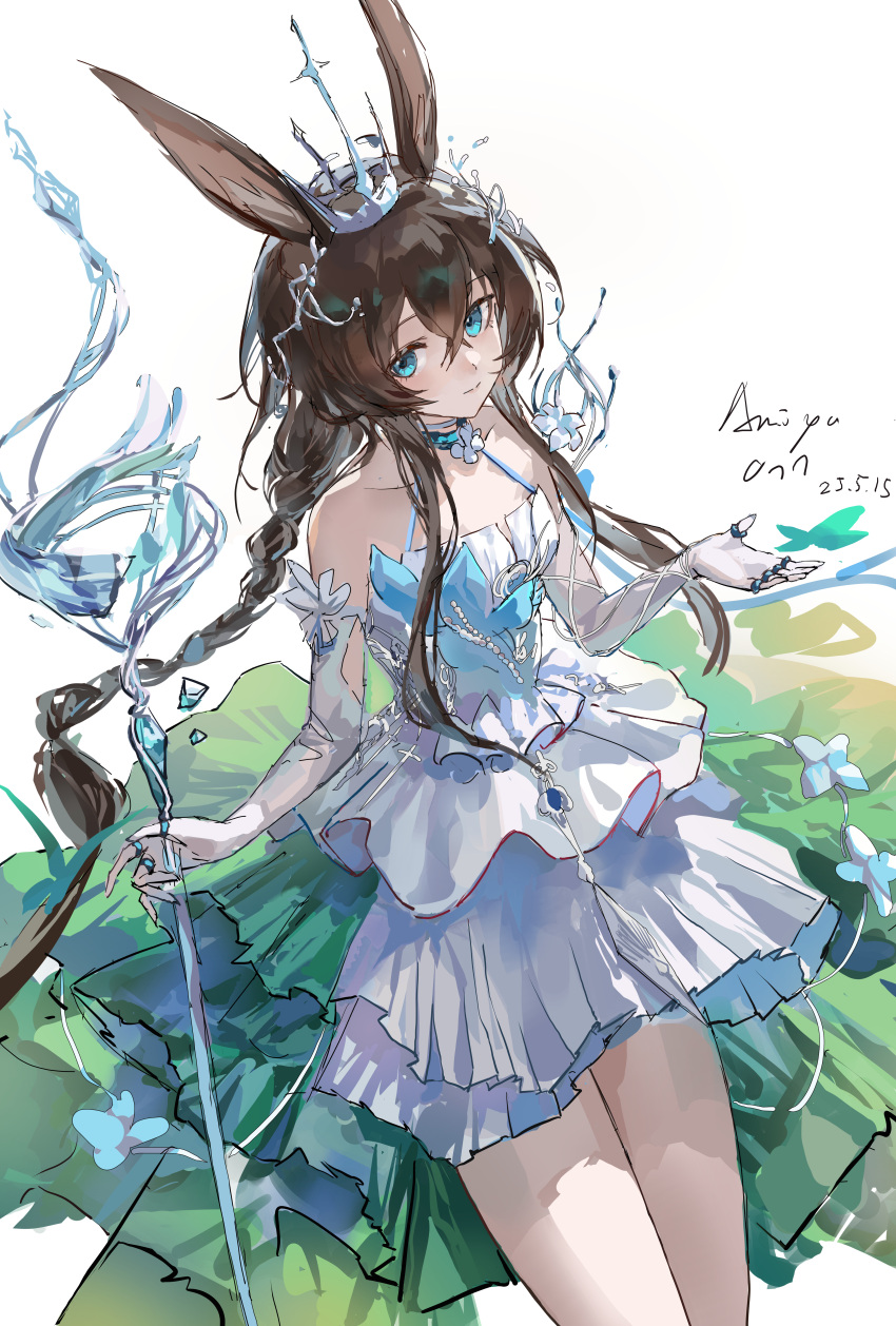 1girl, absurdres, amiya_(arknights), animal_ear_fluff, animal_ears, arknights, bare_shoulders, blue_eyes, braid, brown_hair, closed_mouth, crown, dress, elbow_gloves, gloves, highres, holding, holding_staff, jewelry, kkkaneko_1360685303, long_hair, looking_at_viewer, multiple_rings, official_alternate_costume, rabbit_ears, rabbit_girl, ring, sidelocks, single_braid, smile, solo, staff, strapless, strapless_dress, very_long_hair, white_dress, white_gloves