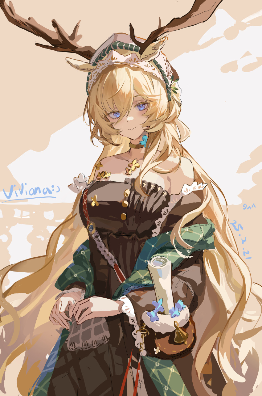 1girl, absurdres, animal_ears, antlers, arknights, bag, bare_shoulders, blonde_hair, blush, brown_bag, brown_dress, choker, closed_mouth, deer_antlers, deer_ears, dress, green_jacket, hair_between_eyes, hat, highres, holding, holding_bag, horns, jacket, kkkaneko_1360685303, long_hair, looking_at_viewer, plaid_clothes, plaid_jacket, scroll, sidelocks, smile, solo, strapless, strapless_dress, viviana_(arknights), viviana_(sent_from:_ognisko)_(arknights), white_hat, yellow_choker