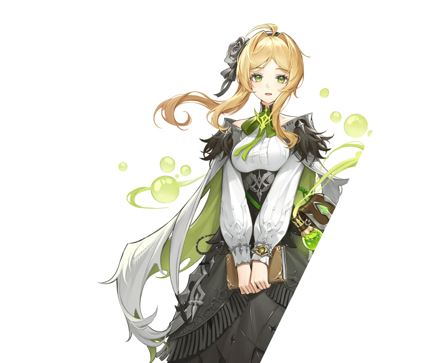 bag, black_dress, black_hairband, black_shawl, book, bow, bracelet, bubble, copyright_notice, daphne_(duet_night_abyss), dress, duet_night_abyss, flower, green_brooch, green_eyes, hair_bow, hairband, highres, jewelry, long_hair, official_art, ponytail, shawl, tie_clip, white_dress