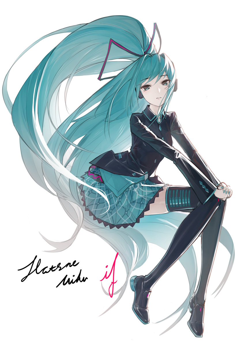 1girl, absurdres, aqua_eyes, aqua_hair, aqua_nails, aqua_skirt, aqua_trim, black_jacket