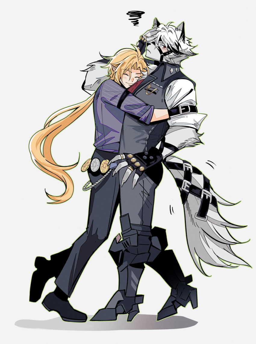 2boys, ^_^, ahoge, animal_ear_fluff, animal_ears, arm_belt, belt, black_belt