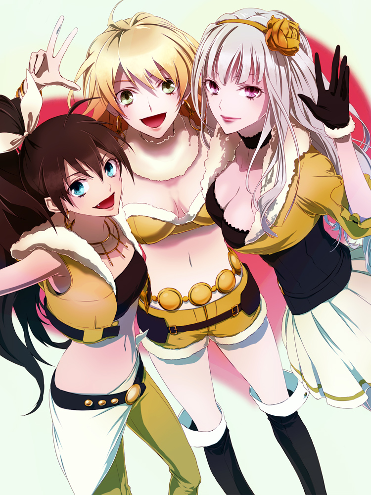 beyond_the_nobles, beyond_the_vibes, beyond_the_wishes, blonde_hair, blue_eyes, boots, breasts, brown_hair