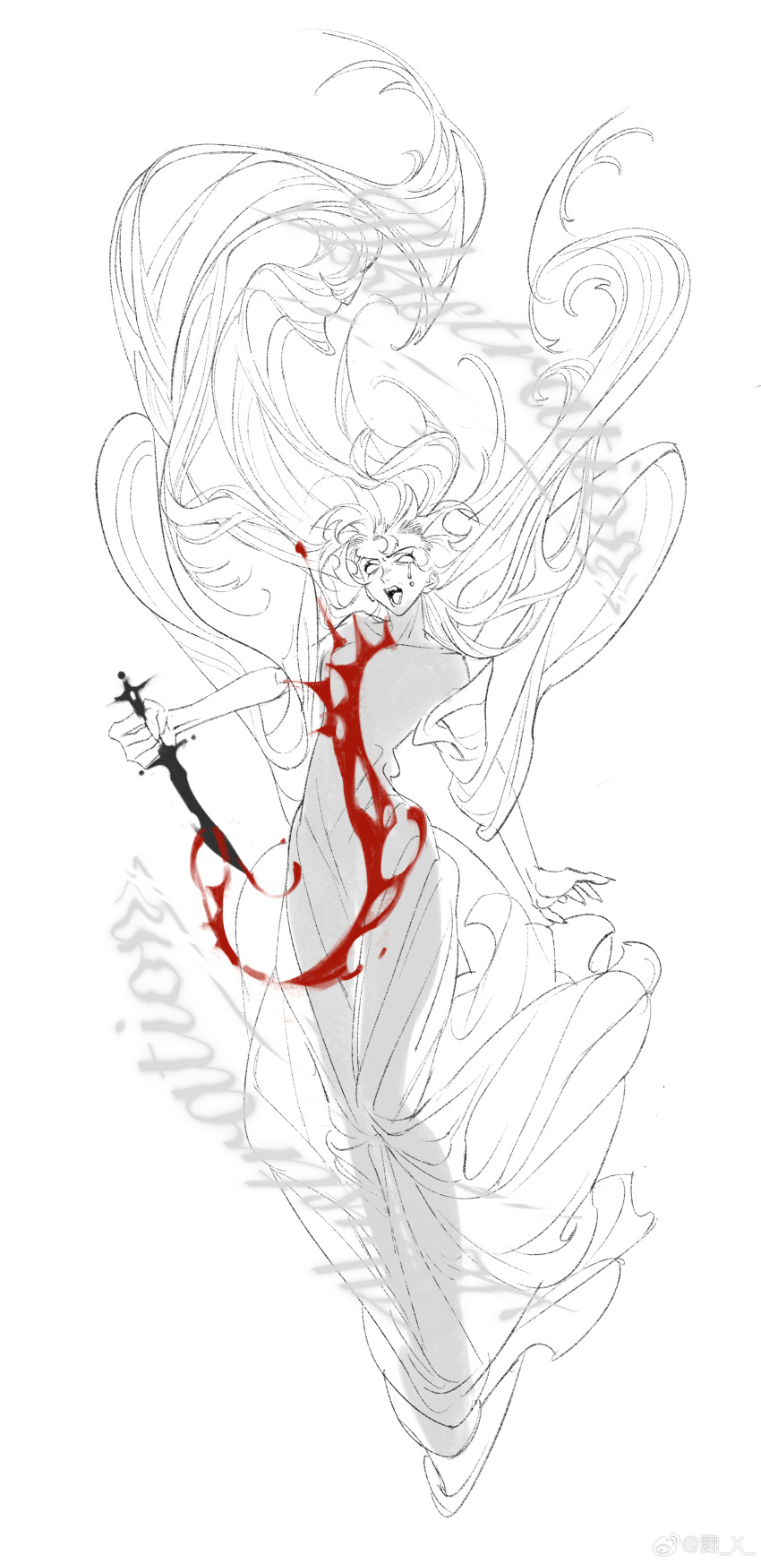 absurdres, blood, dress, highres, lineart, long_hair, monochrome, open_mouth