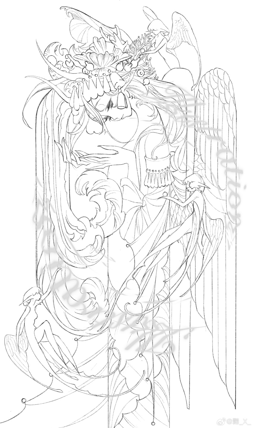 absurdres, dress, flower, highres, lineart, long_hair, monochrome, original