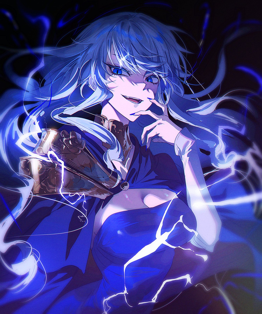 1girl, blue_dress, blue_eyes, blue_hair, breasts, dress, hand_up, highres, khun_maschenny_zahard, lightning, long_hair, long_sleeves, looking_at_viewer, medium_breasts, o0odu, open_mouth, smile, tower_of_god, very_long_hair, white_sleeves