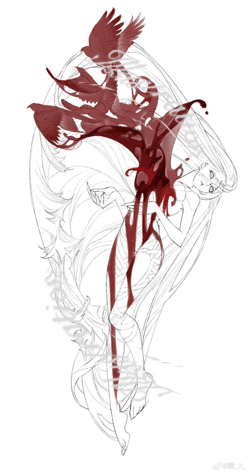 absurdres, bandaid, bird, blood, highres, lineart, long_hair, monochrome