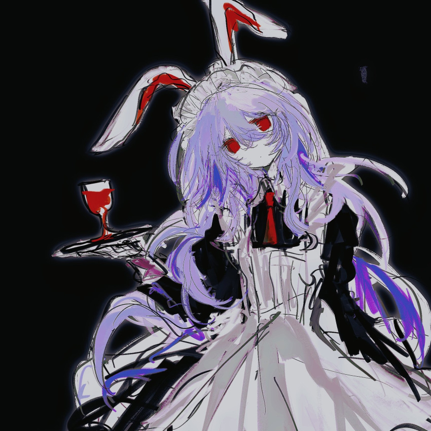 1girl, akama_chlorine, animal_ears, apron, ascot, black_background, black_dress, closed_mouth