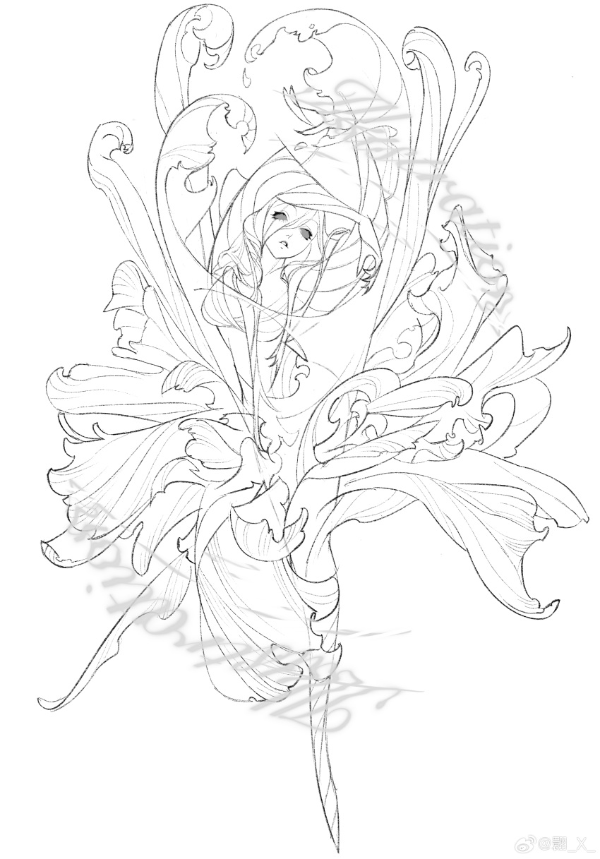 absurdres, curly_hair, flower, highres, lily_(flower), lineart, long_hair, monochrome