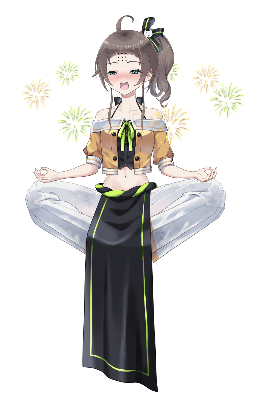 absurdres, ahoge, bad_link, brown_hair, cat_hair_ornament, cosplay, fireworks, floating, green_ribbon, hair_ornament, highres, hololive, levitation, meditation, monk, natsuiro_matsuri, natsuiro_matsuri_(1st_costume), nyacifer, overwatch, ribbon, side_ponytail, virtual_youtuber, zenyatta_(overwatch), zenyatta_(overwatch)_(cosplay)