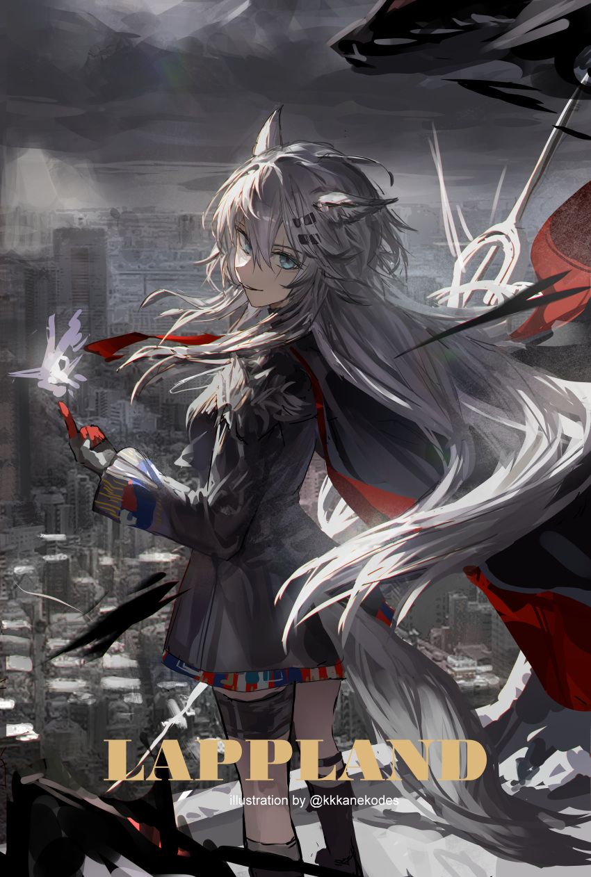 1girl, absurdres, animal_ear_fluff, animal_ears, arknights, black_cape, black_jacket, black_socks, blue_eyes, cape, from_behind, grey_hair, hair_between_eyes, hair_ornament, hairclip, highres, jacket, kkkaneko_1360685303, lappland_(arknights), long_hair, looking_at_viewer, multicolored_skirt, red_skirt, scar, scar_across_eye, scar_on_face, sidelocks, skirt, smile, socks, solo, thigh_strap, wolf_ears, wolf_girl