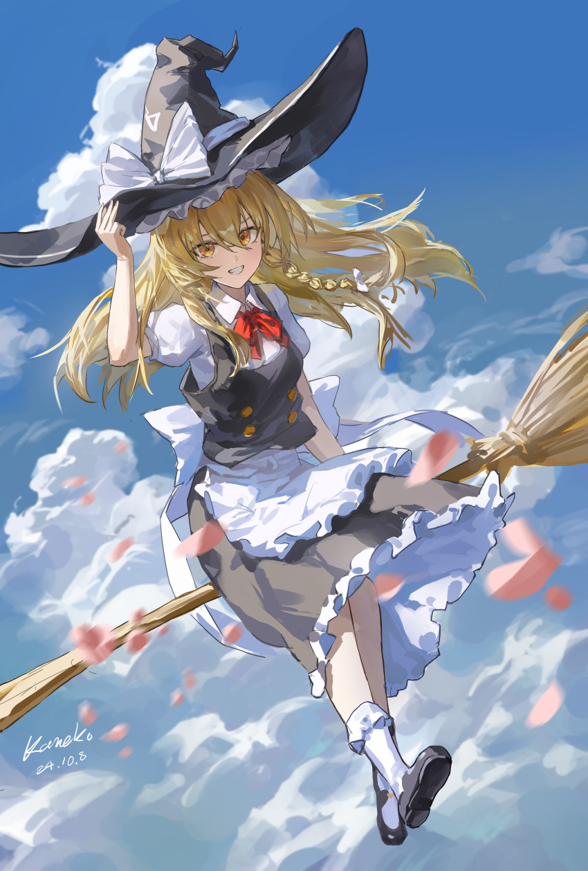 1girl, absurdres, apron, black_dress, black_hat, black_shoes, blonde_hair, bow, braid, broom, broom_riding, clouds, dress, hair_between_eyes, hat, hat_bow, highres, kirisame_marisa, kkkaneko_1360685303, long_hair, looking_at_viewer, orange_eyes, red_bow, shoes, short_sleeves, sidelocks, single_braid, socks, solo, touhou, white_apron, white_bow, white_socks, witch, witch_hat