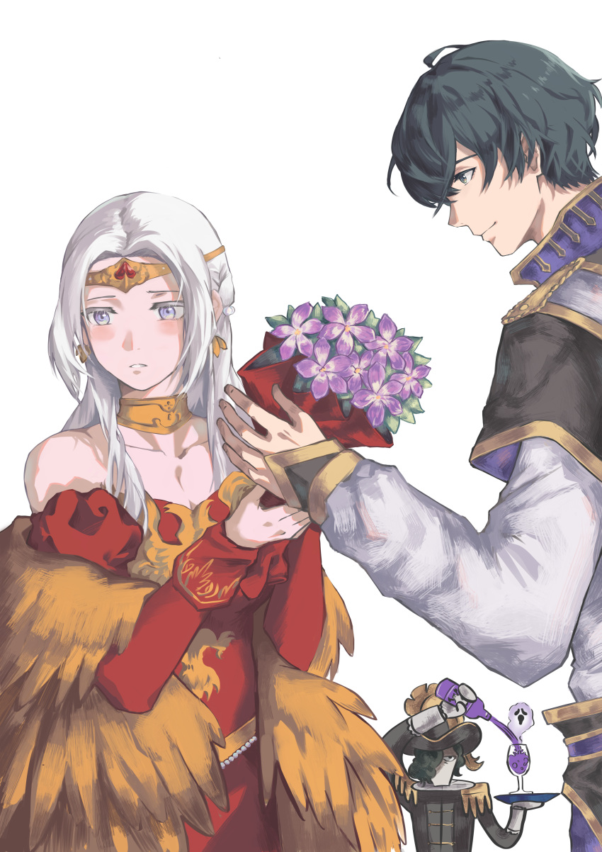 1girl, 2boys, absurdres, bottle, bouquet, closed_mouth, collarbone, commentary_request