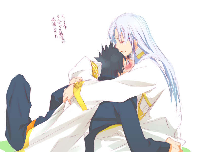 blush, cape, eyes, f-tani, green, green_eyes, habit, hug