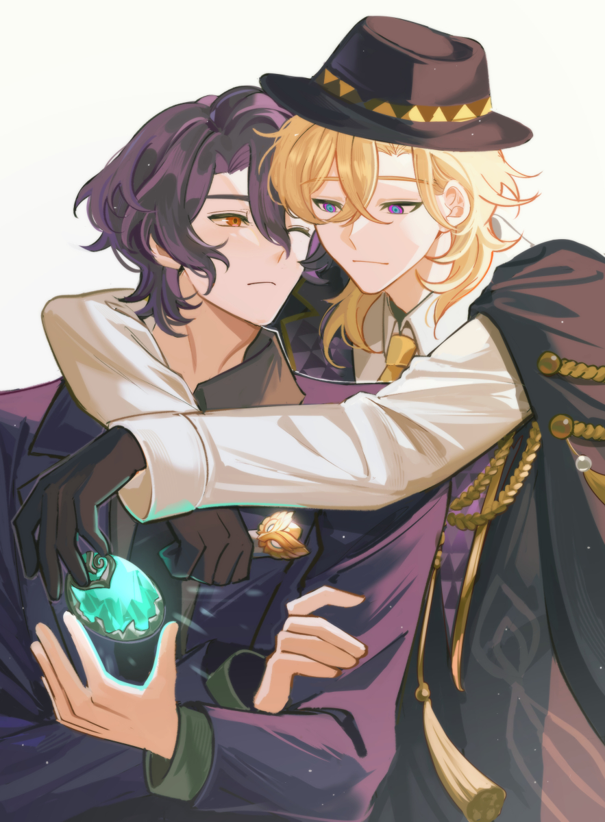 2boys, aiguillette, aqua_gemstone, arm_around_neck, aventurine_(honkai:_star_rail), aventurine_(stoneheart's_oath_ring)_(honkai:_star_rail), black_coat, black_gloves, black_hat, black_necktie, black_shirt, blonde_hair, blue_eyes, closed_mouth, coat, coat_on_shoulders, collared_shirt, commentary, crossed_bangs, dr._ratio_(honkai:_star_rail), english_commentary, fedora, gem, gloves, gold_trim, hair_between_eyes, hat, highres, honkai:_star_rail, honkai_(series), jacket, lapels, light_particles, long_sleeves, looking_at_another, looking_back, male_focus, meronppaii, multicolored_eyes, multiple_boys, necktie, official_alternate_costume, one_eye_closed, parted_bangs, purple_hair, purple_jacket, red_eyes, shirt, short_hair, simple_background, smile, tassel, violet_eyes, white_background, white_shirt, wing_collar, yellow_necktie