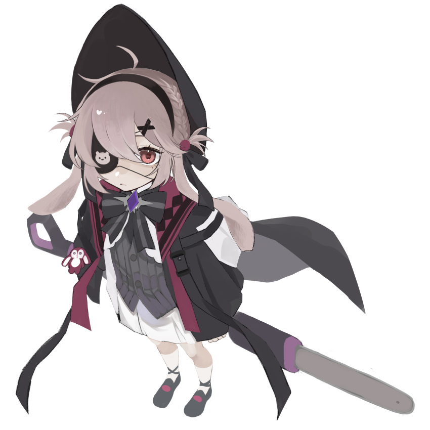 1girl, absurdres, animal_ears, arknights, black_bow, black_hairband, black_hat, black_shoes, bow, braid, brown_hair, closed_mouth, eyepatch, floppy_ears, from_above, full_body, grey_shirt, hair_between_eyes, hair_ornament, hairband, hairclip, hat, highres, looking_at_viewer, looking_up, naruse_azusa, pleated_skirt, popukar_(arknights), rabbit_ears, red_eyes, shirt, shoes, simple_background, skirt, socks, solo, standing, white_background, white_skirt, white_socks, x_hair_ornament