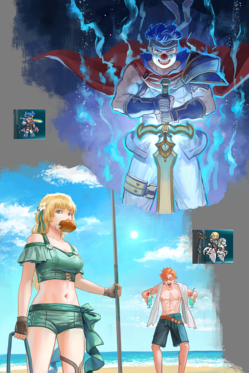 2boys, 2girls, abs, acompletenonentity, beach, bikini, bikini_shorts, blonde_hair