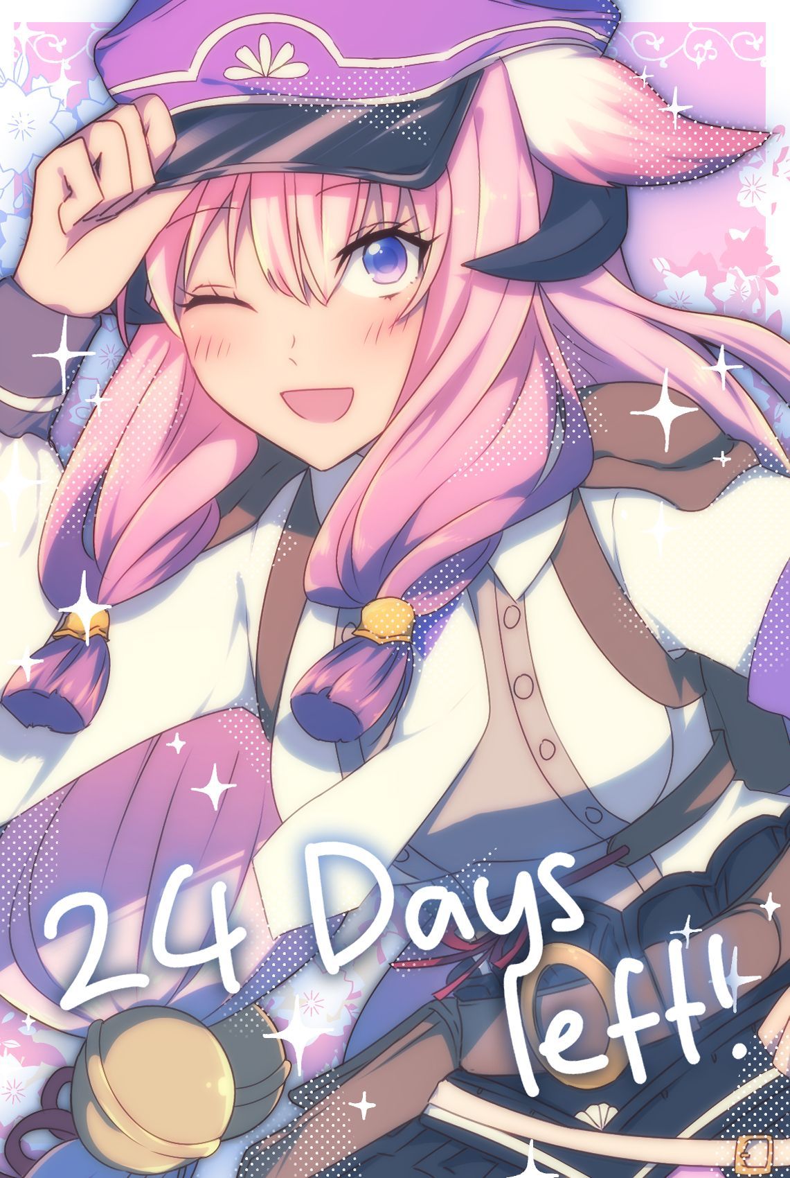 1girl, animal_ears, armor, bell, blush, breasts, countdown, hair_bell, hair_ornament, hat, highres, hina_(rune_factory), horns, japanese_armor, kusazuri, licorice444, long_hair, long_sleeves, medium_breasts, necktie, pauldrons, pink_hair, purple_hat, rune_factory, rune_factory:_guardians_of_azuma, second-party_source, shirt, shoulder_armor, smile, solo, twintails, violet_eyes, white_shirt