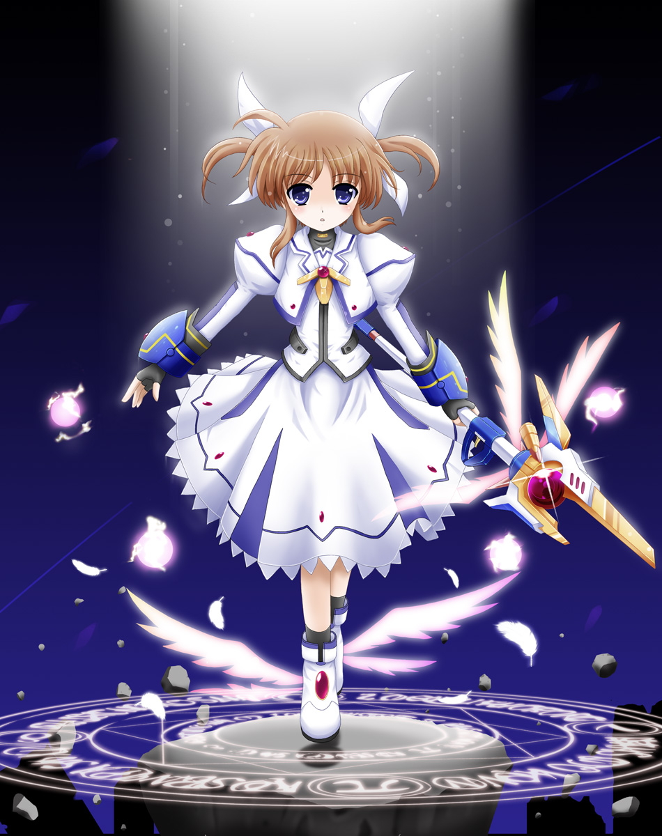 blue_eyes, brown_hair, energy_ball, flipper, highres, lyrical_nanoha, magic_circle, mahou_shoujo_lyrical_nanoha