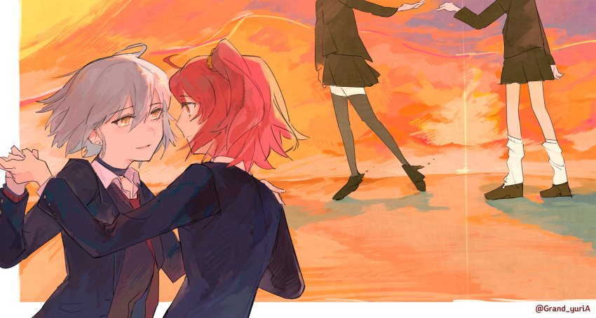 2girls, absurdres, ahoge, artist_name, black_choker, black_skirt, black_thighhighs, blazer