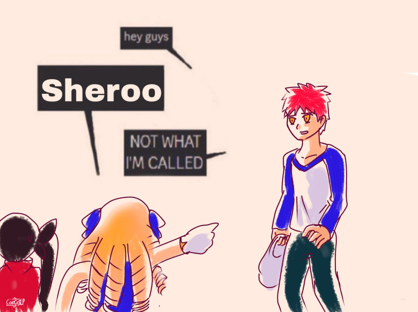 1boy, 2girls, bag, black_hair, black_pants, blonde_hair, blue_dress, blue_ribbon, blue_shirt, carcaslp, commentary, dress, drill_hair, emiya_shirou, english_commentary, english_text, fate_(series), gloves, hair_ribbon, highres, holding, holding_bag, long_hair, long_sleeves, luviagelita_edelfelt, meme, multiple_girls, not_what_i'm_called_(meme), pants, plastic_bag, pointing, raglan_sleeves, red_hair, red_sweater, ribbon, shirt, short_hair, signature, simple_background, sleeveless, sleeveless_dress, sweatdrop, sweater, tohsaka_rin, too_many_drills, turtleneck, turtleneck_sweater, two-tone_shirt, very_long_hair, white_gloves, white_shirt, yellow_eyes