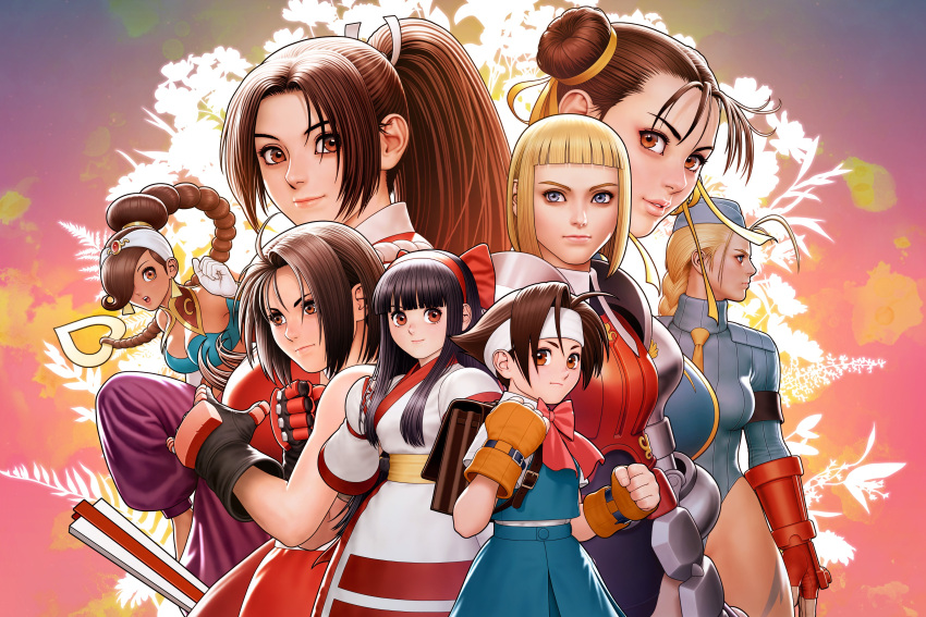 6+girls, absurdres, ahoge, armband, black_armband, blonde_hair, blue_eyes, blue_hat, blue_leotard, blunt_bangs, bob_cut, bow, braid, braided_ponytail, brown_eyes, brown_hair, cammy_white, capcom, capcom_vs_snk, chun-li, claire_(star_gladiator), crossover, dark-skinned_female, dark_skin, dress, floral_background, gloves, hair_bow, hair_over_one_eye, hairband, hat, headband, highres, kazama_akira, leotard, mori_toshiaki, multiple_girls, nakoruru, necktie, official_art, orange_gloves, ponytail, power_stone, red_gloves, red_hairband, rouge_(power_stone), samurai_spirits, school_uniform, shiranui_mai, short_bangs, snk, star_gladiator, street_fighter, street_fighter_zero_(series), twin_braids, wakaba_hinata, white_dress, white_gloves, white_headband, yellow_necktie