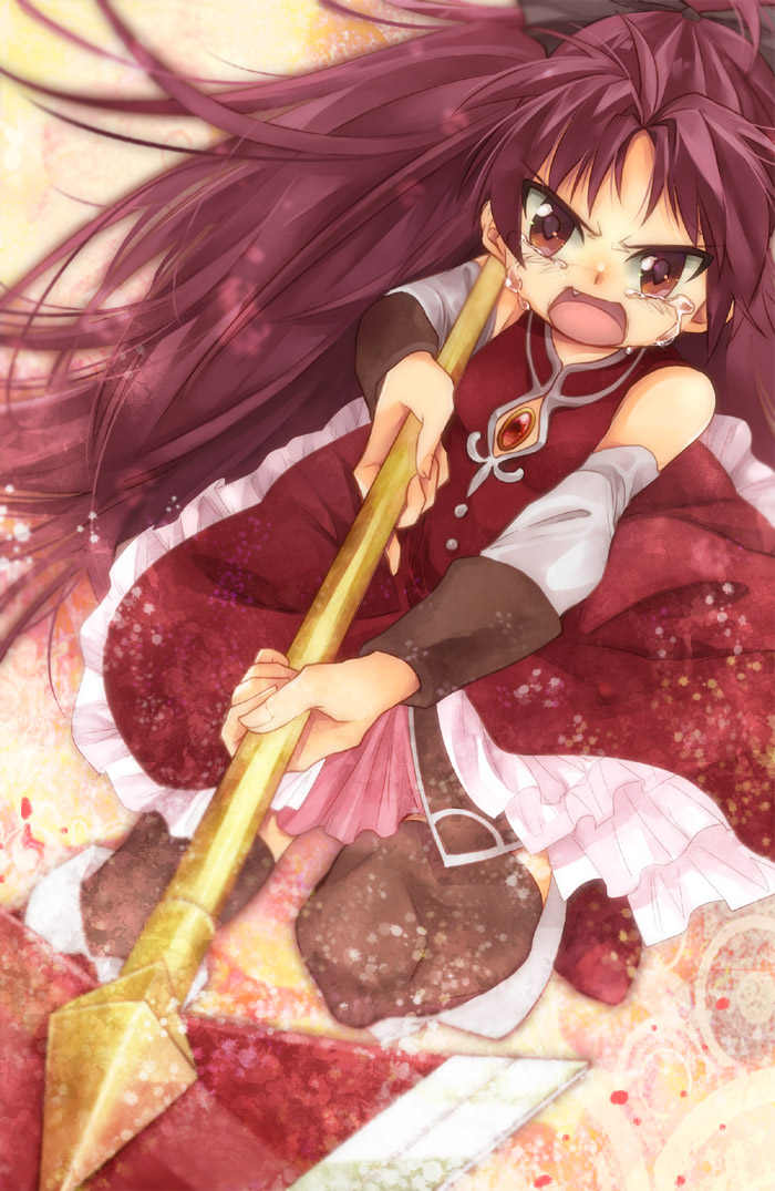 bare_shoulders, black_legwear, blurry, bow, commentary, commentary_request, depth_of_field, detached_sleeves