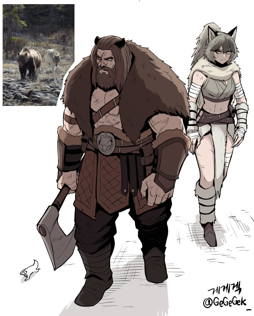 1boy, 1girl, abs, absurdres, animal_ears, artist_name, artist_self-insert, axe