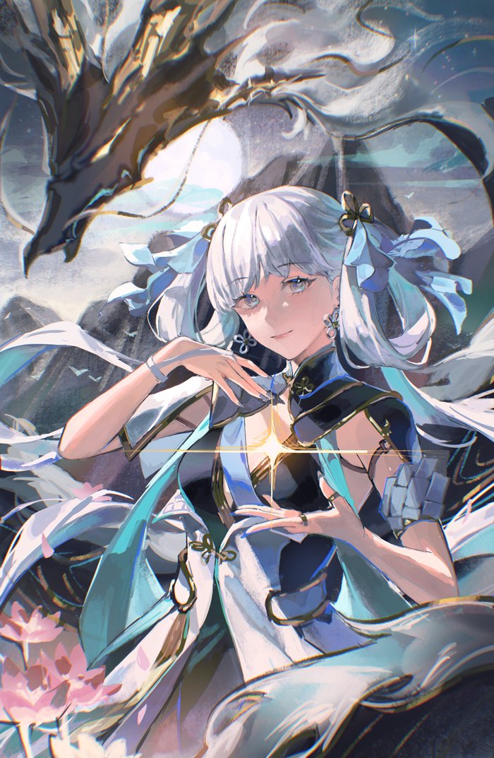 1girl, black_collar, black_dress, blue_nails, blue_ribbon, closed_mouth, collar, dragon