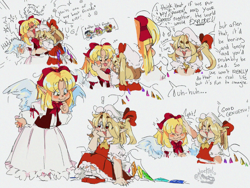 2girls, angel_wings, ascot, bad_source, blonde_hair, blush, bow, crystal