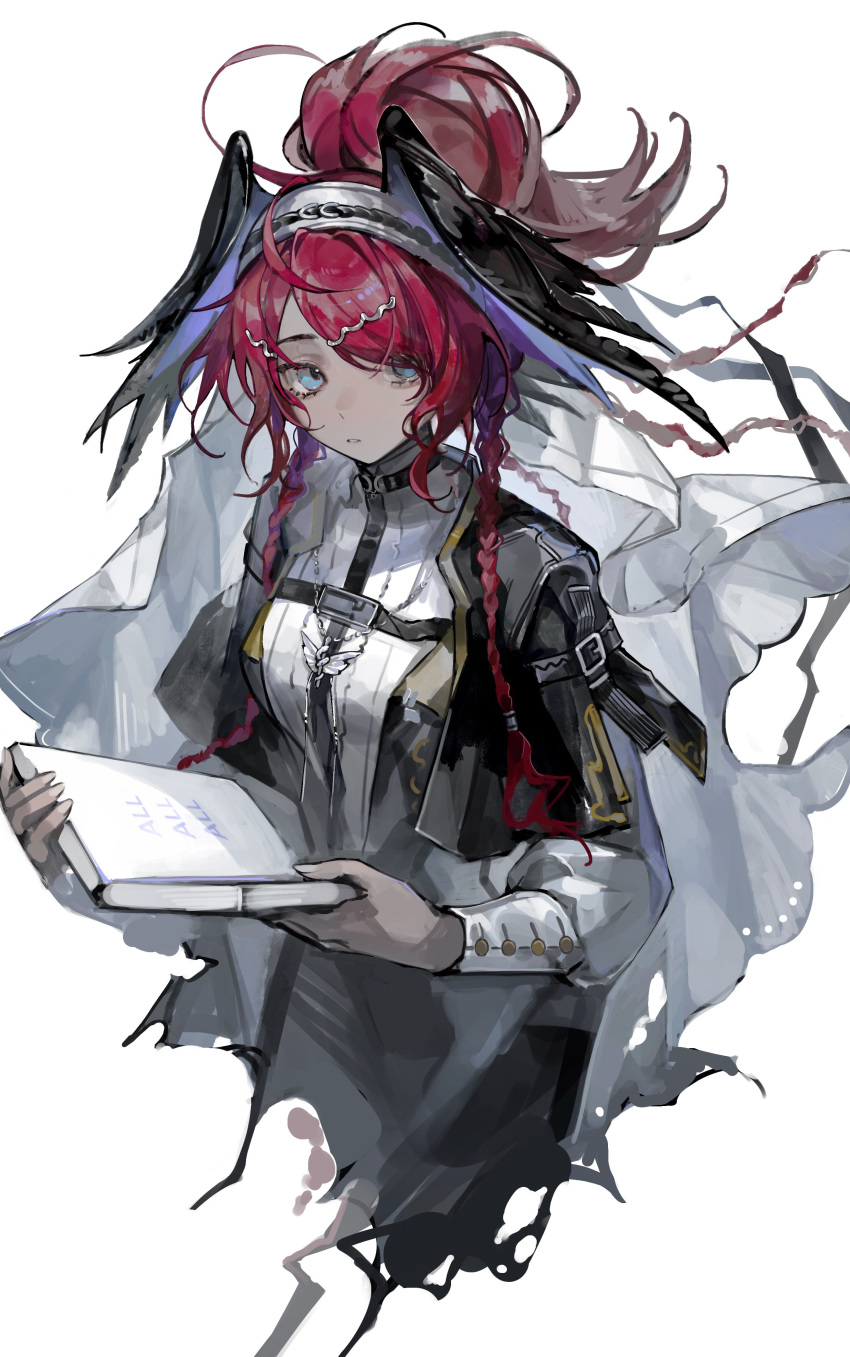 1girl, absurdres, arknights, black_jacket, black_wings, blue_hair, blue_wings, book