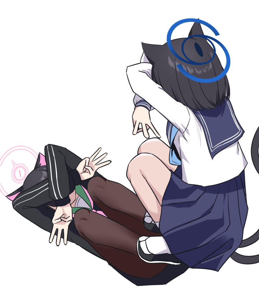 2girls, animal_ears, black_hoodie, blue_archive, blue_halo, cat_ears, cat_girl, cat_shadow_puppet