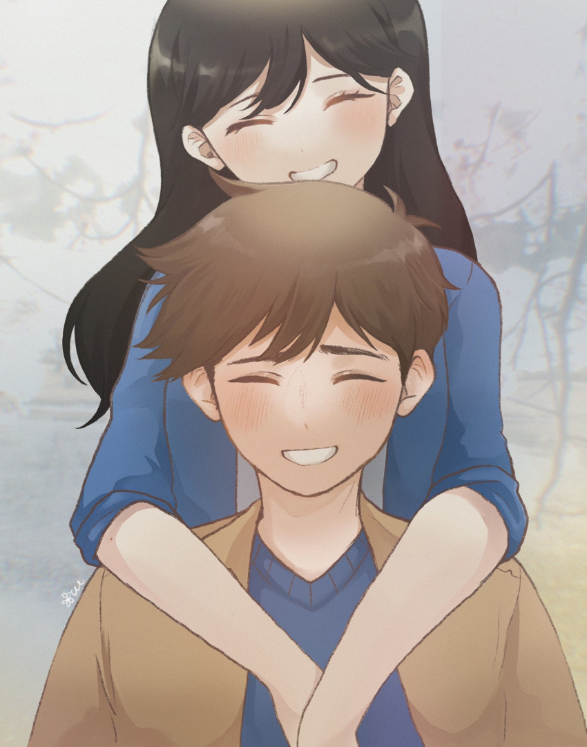 1boy, 1girl, :d, ^_^, antenna_hair, black_hair, blue_jacket, blue_sweater