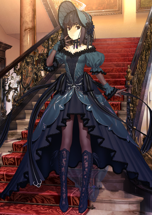 1girl, arm_at_side, black_boots, black_eyes, black_hair, bob_cut, bonnet, boots, breasts, chin_strap, closed_mouth, dress, elbow_gloves, fate/grand_order, fate_(series), fingerless_gloves, full_body, game_cg, gloves, gothic_lolita, green_bonnet, green_dress, green_gloves, hand_up, high-low_dress, indoors, koyama_hirokazu, kuonji_alice, kuonji_alice_(third_ascension), lace, lolita_fashion, looking_at_viewer, official_art, pantyhose, puffy_short_sleeves, puffy_sleeves, see-through_clothes, see-through_gloves, short_hair, short_sleeves, small_breasts, smile, solo, standing, third-party_source