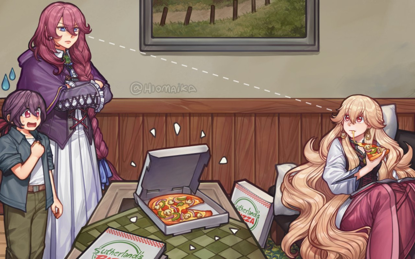 3girls, blonde_hair, blue_eyes, braid, cheese, cheese_trail, commission, double-parted_bangs