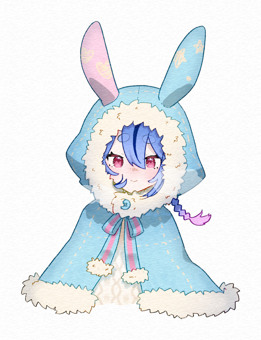 1other, alternate_costume, animal_hood, blue_capelet, blue_hair, blue_ribbon, buttons, capelet