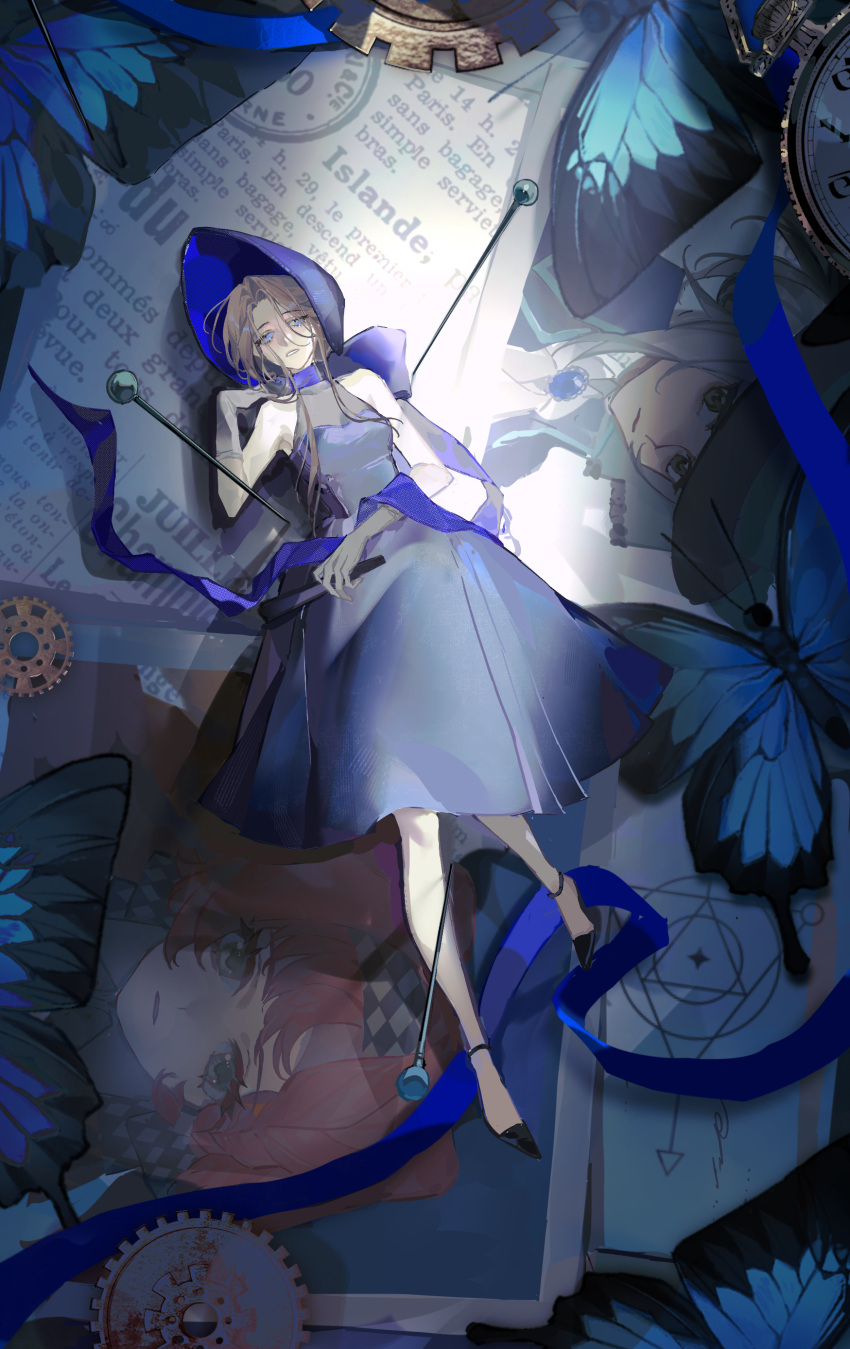 1girl, absurdres, black_dress, black_hat, black_shoes, blue_eyes, bonnet, bug