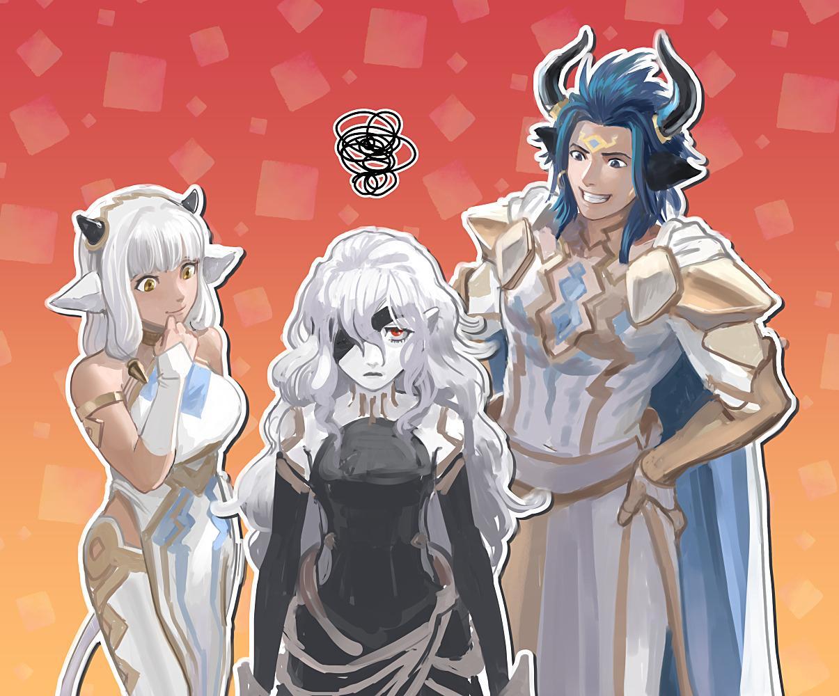 1boy, 2girls, acompletenonentity, animal_ears, ash_(fire_emblem), askr_(fire_emblem), blue_hair, cow_boy, cow_ears, cow_girl, dark-skinned_male, dark_skin, earrings, embla_(fire_emblem), eyepatch, fire_emblem, fire_emblem_heroes, grin, horns, jewelry, long_hair, multiple_girls, pale_skin, red_eyes, single_earring, smile, tail, white_hair