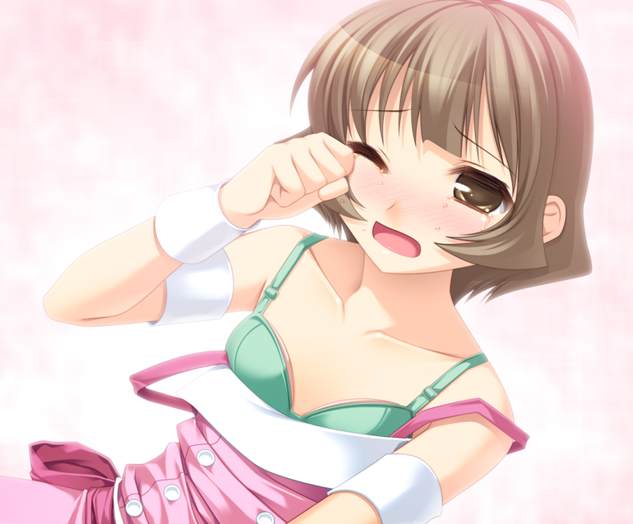bad_id, bra, breast_padding, brown_eyes, brown_hair, crossdressinging, crying, cute_&amp;_girly_(idolmaster), fujimiya_yuu, idolmaster, idolmaster_dearly_stars, lingerie, pads, short_hair, tears, trap, underwear, wink
