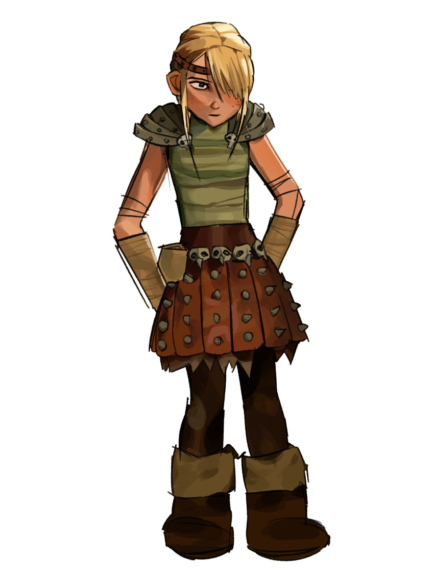 1girl, armor, astrid_hofferson, blonde_hair, boots, brown_boots, brown_skirt, full_body, green_shirt, hair_over_one_eye, highres, how_to_train_your_dragon_(series), how_to_train_your_dragon_1, httyd43, pauldrons, shirt, shoulder_armor, simple_background, skirt, sleeveless, sleeveless_shirt, solo, white_background