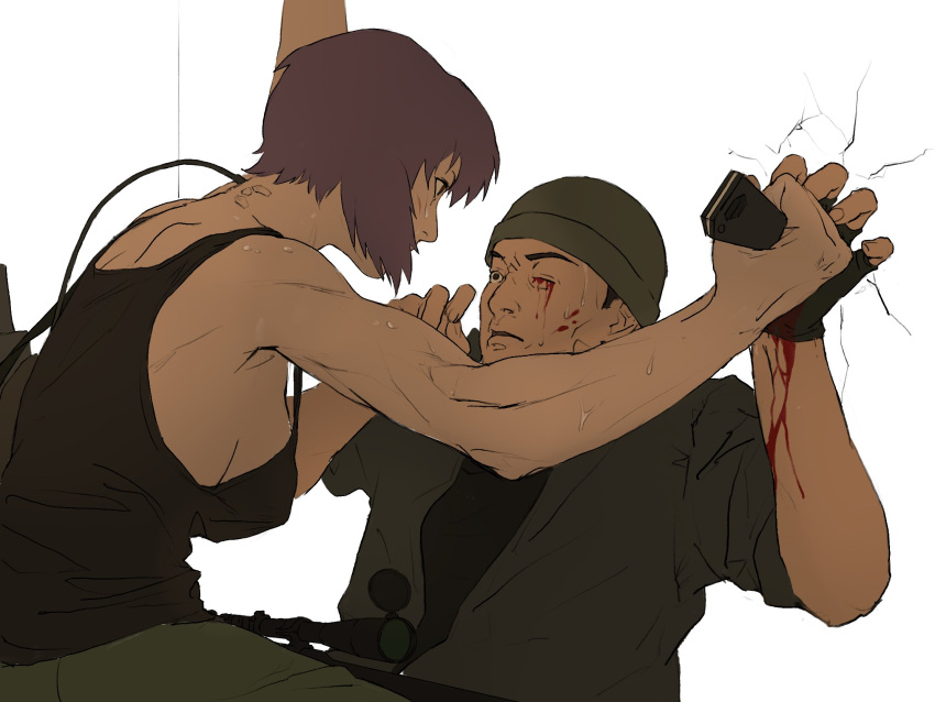 1boy, aizheajsee, bleeding, blood, blood_on_face, blood_on_hands, breasts, combat_knife