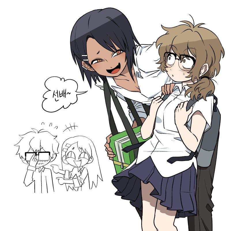 1boy, 1girl, bag, black_skirt, brown_eyes, brown_hair, collared_shirt, fang