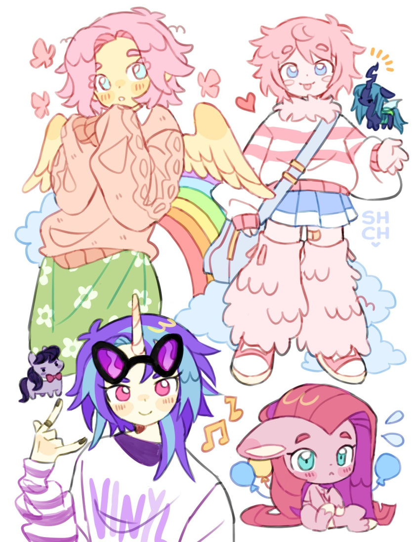 3girls, :p, \m/, alternate_hair_length, alternate_hairstyle, animal, antenna_hair, aqua_eyes, aran_sweater, arm_warmers, bag, balloon, bandaid_on_thigh, black-framed_eyewear, black_nails, blue_bag, blue_eyes, blue_hair, blue_skirt, blush_stickers, bug, butterfly, cable_knit, character_name, closed_mouth, clothes_writing, clouds, colored_skin, commentary, cropped_legs, curtained_hair, cutie_mark, english_commentary, eyewear_on_head, feathered_wings, floral_print, floral_print_skirt, fluffle_puff, fluttershy, flying_sweatdrops, glasses, green_skirt, heart, highres, horns, jewelry, leg_warmers, long_hair, looking_at_viewer, medium_hair, miniskirt, multicolored_hair, multiple_girls, musical_note, my_little_pony, my_little_pony:_friendship_is_magic, nail_polish, notice_lines, octavia_melody, orange_sweater, original, own_hands_together, parted_lips, personification, pink_butterfly, pink_eyes, pink_hair, pink_leg_warmers, pink_shoes, pink_sweater, pinkamena_diane_pie, pinkie_pie, pleated_skirt, pony_(animal), purple-tinted_eyewear, purple_arm_warmers, purple_hair, queen_chrysalis, rainbow, ring, sharpycharot, shirt, shoes, short_hair, shoulder_bag, simple_background, single_horn, skirt, sleeves_past_fingers, sleeves_past_wrists, smile, standing, streaked_hair, striped_arm_warmers, striped_clothes, striped_sweater, sweater, tinted_eyewear, tongue, tongue_out, two-tone_hair, two-tone_sweater, unicorn_girl, upper_body, vinyl_scratch, white_arm_warmers, white_background, white_shirt, white_sweater, white_trim, winged_unicorn, wings, yellow_skin